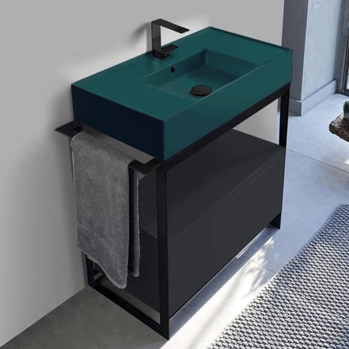 Green Sink Bathroom Vanity, Matte Black, Floor Standing, Modern, 35 Inch Scarabeo 5123-55-SOL1-49